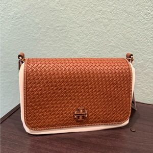 Tory Burch Tan and Cream Woven Crossbody Bag